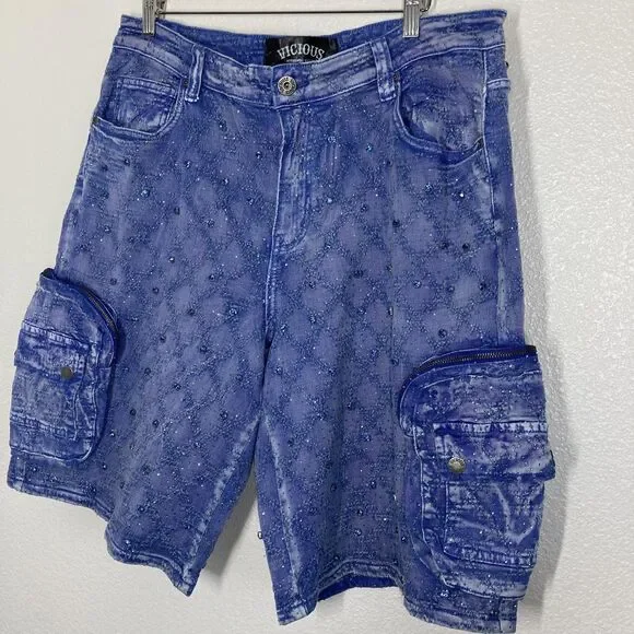 Vicious Authentic Denim Shorts Mens 36 Blue Embellished Cargo Studded Streetwear